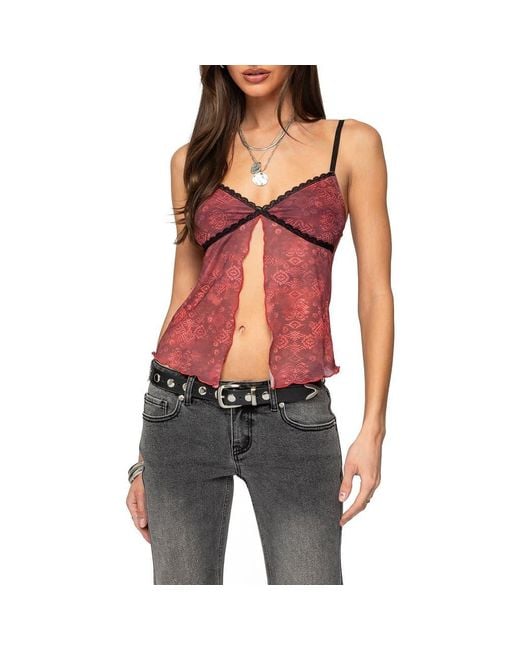 Edikted Red Lace Trim Split Front Camisole