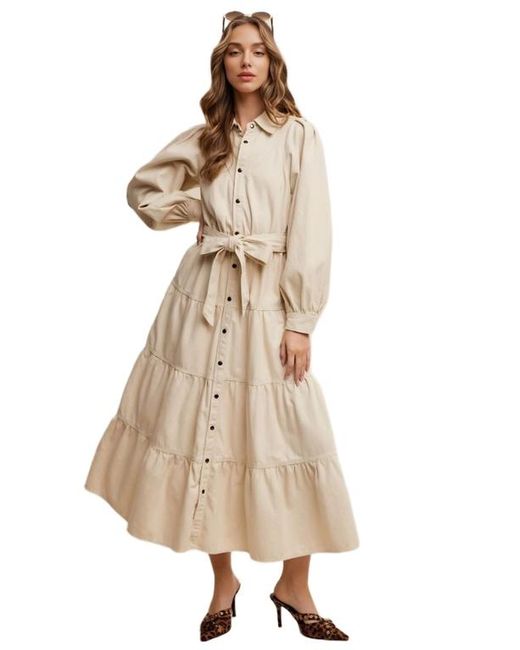 Knit & Lounge Natural Tiered Belted Bishop Sleeve Maxi Shirt Dress