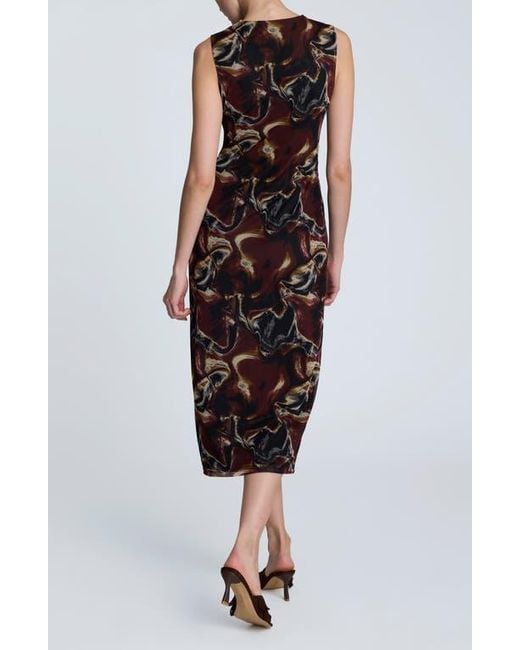 Kenneth Cole Black Abstract Print Side Ruched Midi Dress