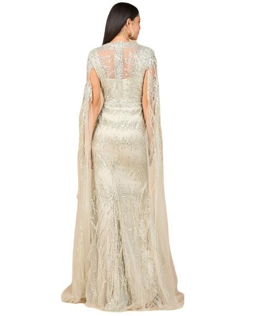 LARA New York Natural V-Neck Gown With Long Cape Sleeves And Feathers