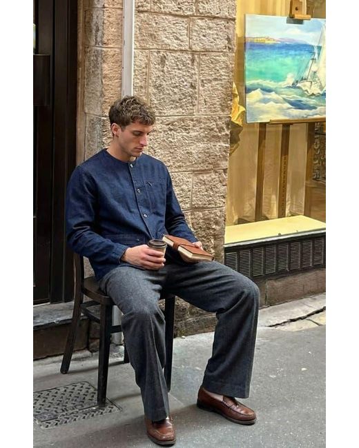 Modenaire Blue Collarless Button Front Utility Pocket Jacket