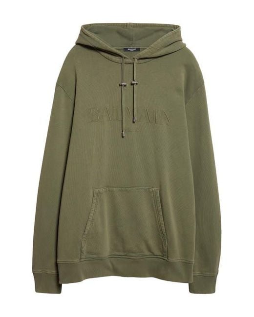 Balmain Green Oversize Vintage Emblem Cotton Hoodie for men