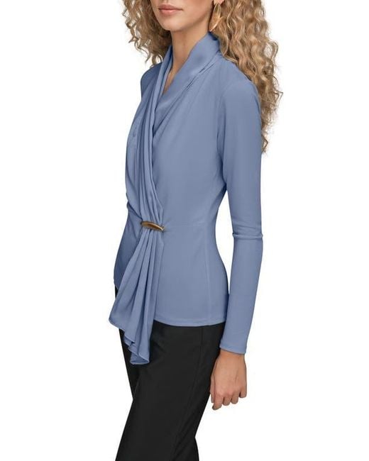 Donna Karan Blue Wrap Front Long Sleeve Top