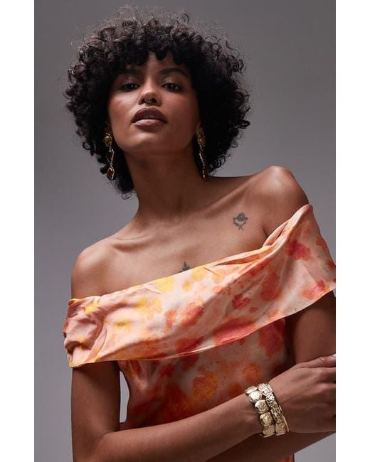 TOPSHOP Gray Abstract Print Off The Shoulder Satin Maxi Dress