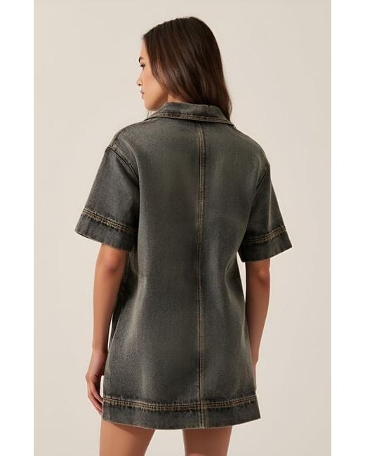 Modenaire Natural Solid Denim Mini Shirt Dress With Collared V-Neck, Short Sleeves And Chest Flap Pockets