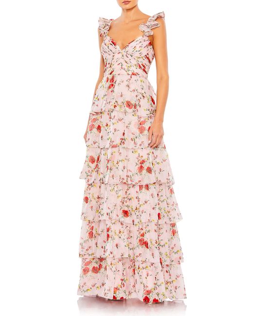 Mac Duggal Pink Floral Print Tiered Empire Gown