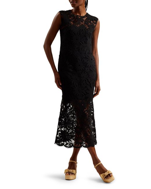 Ted Baker Black Corha Floral Cotton Lace Midi Dress