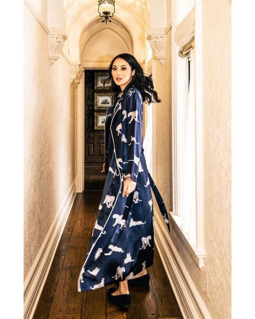 Petite Plume Blue Panthre De Nuit Piped Silk Robe