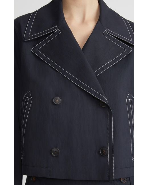 Lafayette 148 New York Blue Contrast Stitch Cotton Blend Twill Double Breasted Jacket
