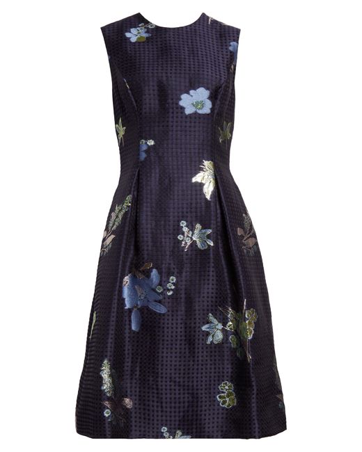 Lela Rose Blue Betsy Metallic Floral & Gingham Jacquard Dress
