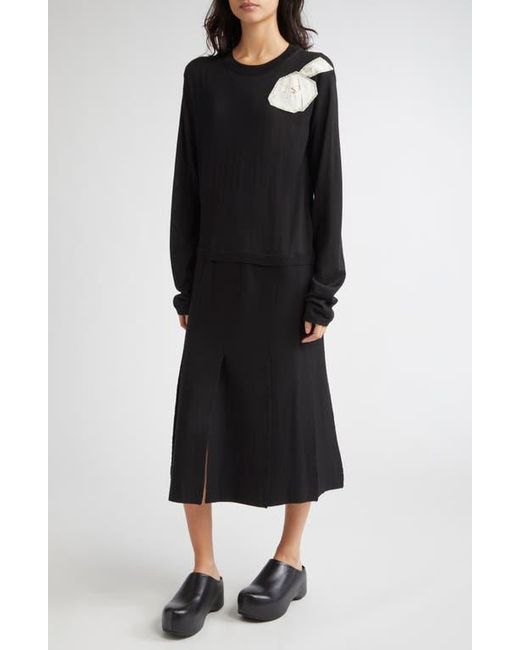 Marni Black Rose Appliqué Long Sleeve Virgin Wool & Silk Sweater Dress