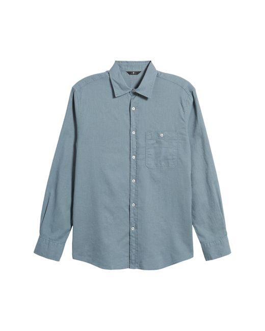 7 For All Mankind Blue Solid Cotton & Linen Button-up Shirt for men