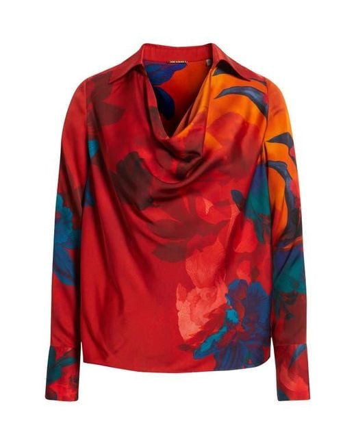 Tahari Red The Ciaran Abstract Print Stretch Silk Top