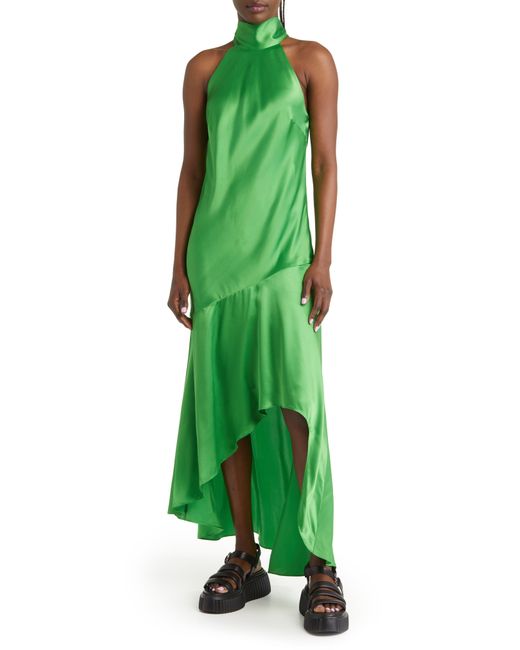 FRAME Green Draped Halter Neck Silk Midi Dress