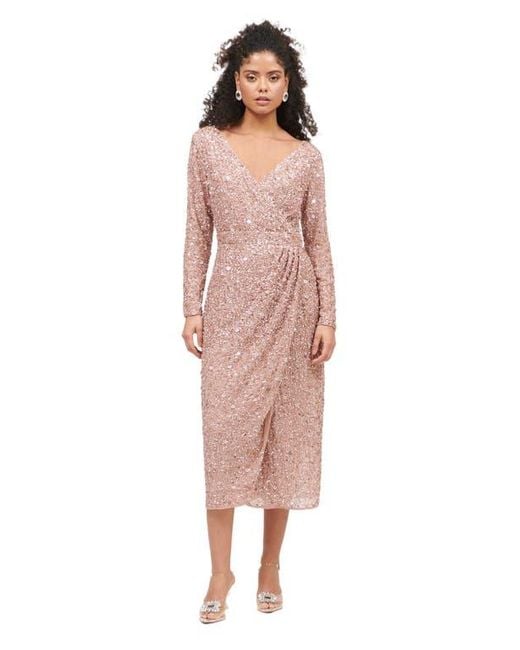 Beauut Pink Occasion Embellished Sequin Beaded Maxi Wrap With Sleeves Evening Dress