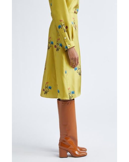 Marni Yellow Tulip Print Pleated Silk Twill Midi Skirt