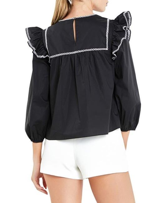 English Factory Black Embroidered Ruffle Balloon Sleeve Cotton Top
