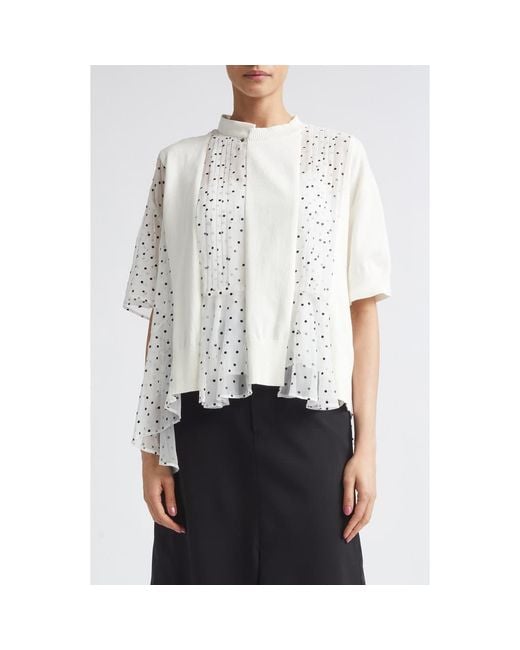 Sacai Women's White Pleated Polka Dot Mixed Media Top