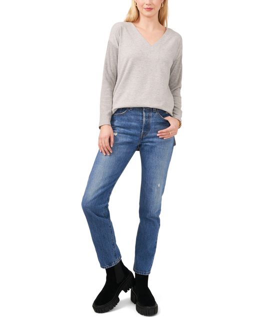 Vince Camuto Ribbed Sleeve V-neck Top in Gray | Lyst