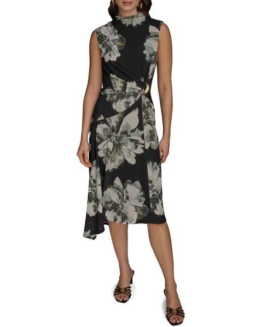 Donna Karan Black Floral Side Ruched Asymmetric Hem Dress