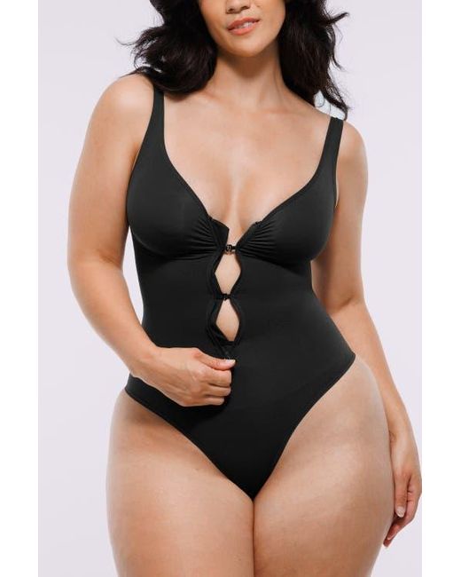 Shapellx Black Skin Flow Zipper Front Thong Bodysuit