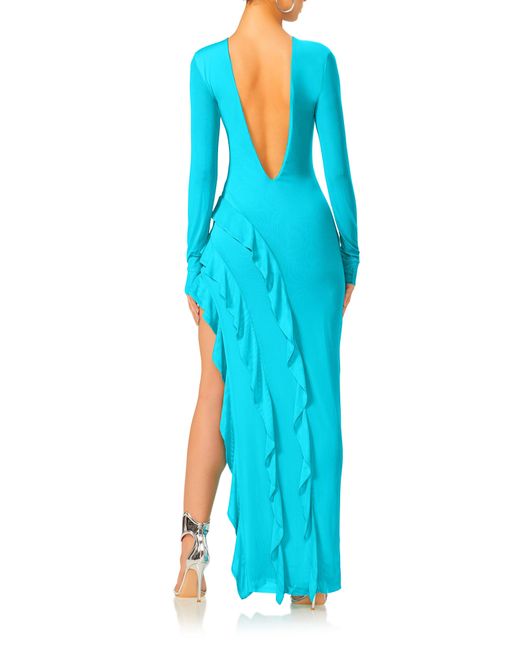AFRM Blue Jacie Ruffle Detail Open Back Long Sleeve Gown
