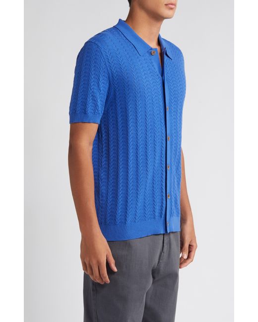 Wax London Blue Tellaro Pointelle Short Sleeve Button-up Sweater for men
