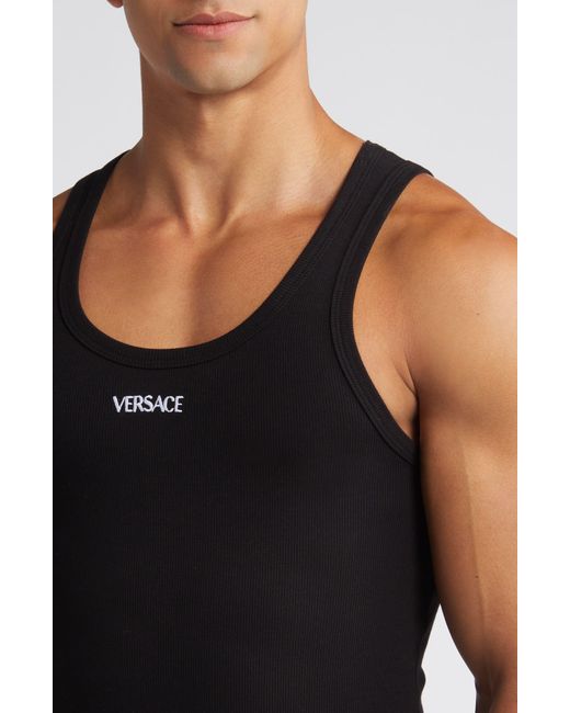 Versace Black Embroidered Logo Rib Tank for men