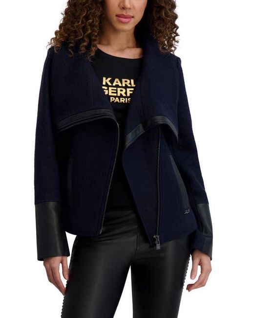 Karl Lagerfeld Blue Wool Blend & Faux Leather Asymmetric Jacket