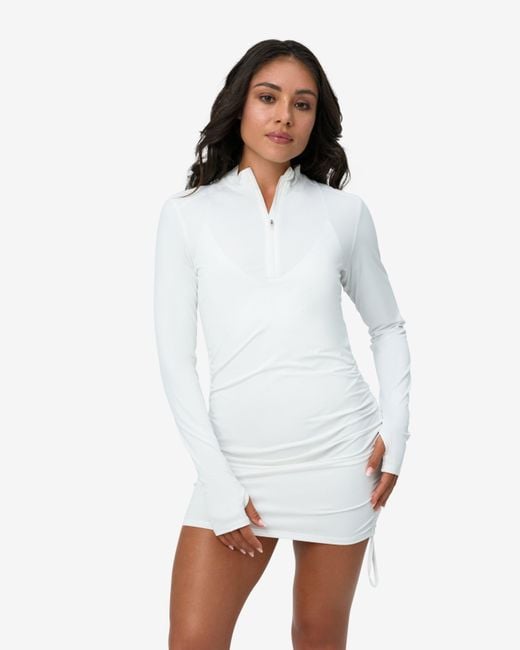 BloqUV White Long Sleeve Sun And Uv Protection Drawstring Coverup Dress