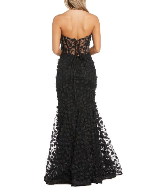Morgan & Co. Black 3d Floral Strapless Mermaid Gown