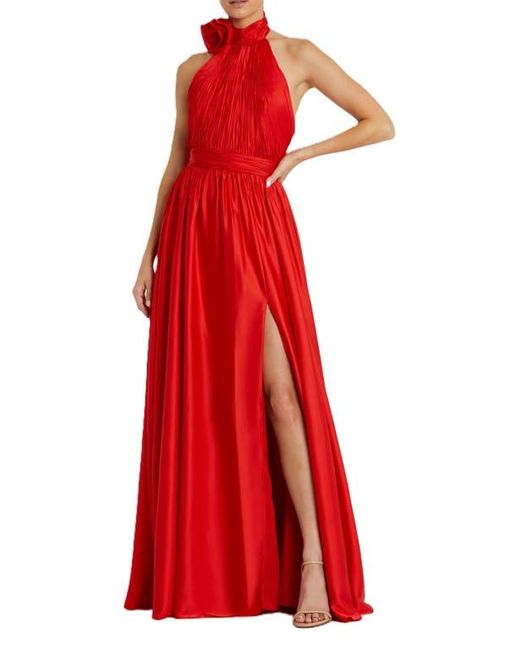 Mac Duggal Red Rosette Halter Chiffon Evening Gown