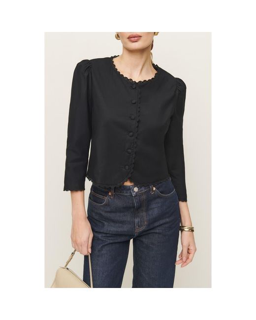 Reformation Black Donna Lace Trim Button-Up Top