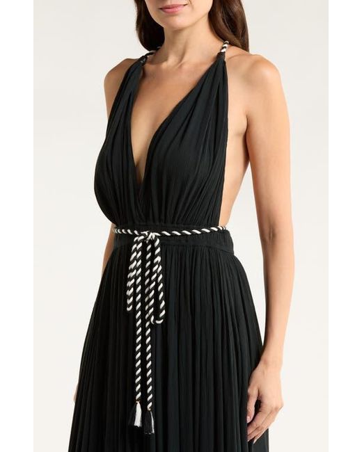 Elan Black Plunge Tie Belt Maxi Cover-Up Dress
