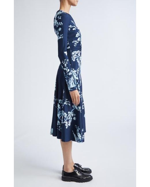 Erdem Blue Gathered Floral Print Jersey Midi Dress