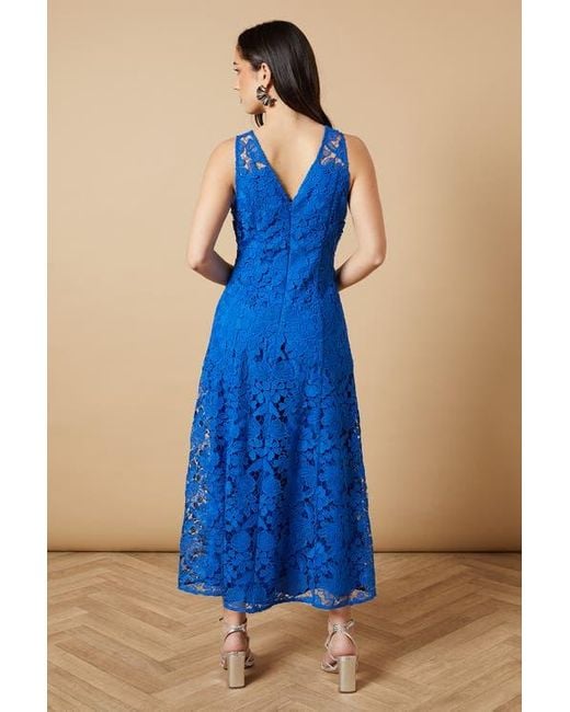 Oasis Blue Floral Lace V-Neck Midi Dress