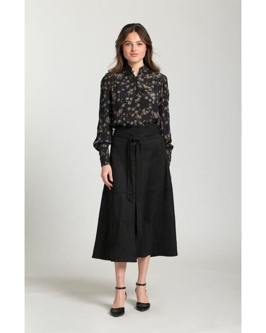 Apny Black Faux Suede Paneled A-Lined Midi Skirt