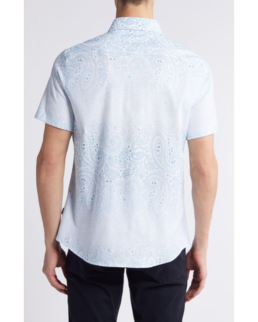 Stone Rose White Paisley Short Sleeve Trim Fit Button-up Shirt for men