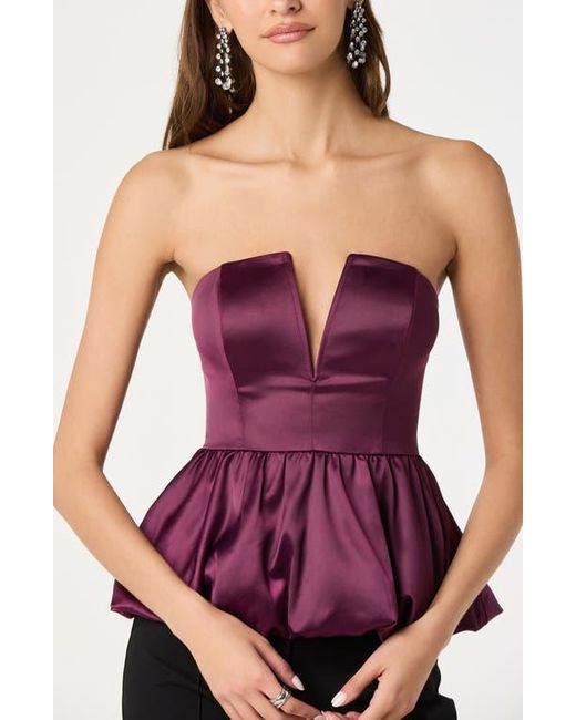 Astr Purple Satin Strapless Plunge Peplum Top