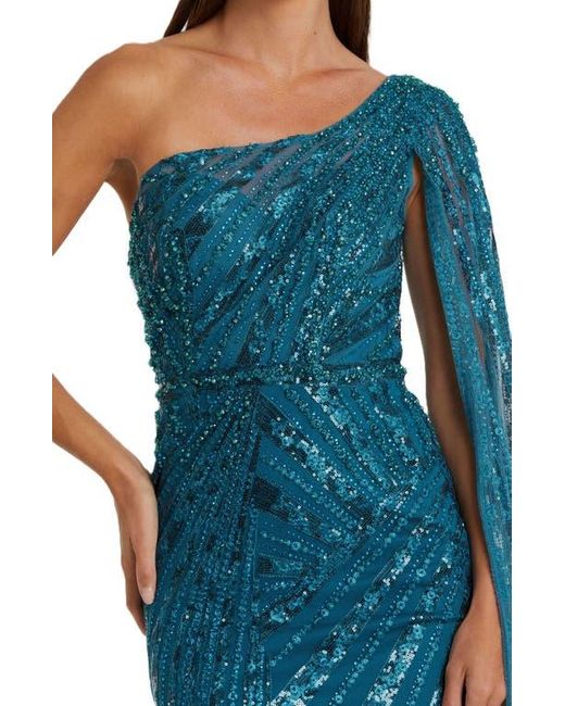 Mac Duggal Blue One Shoulder Cape Sleeve Embellished Gown