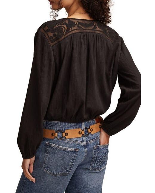 Lucky Brand Black Lace Inset Bubble Hem Cotton Button-Up Shirt