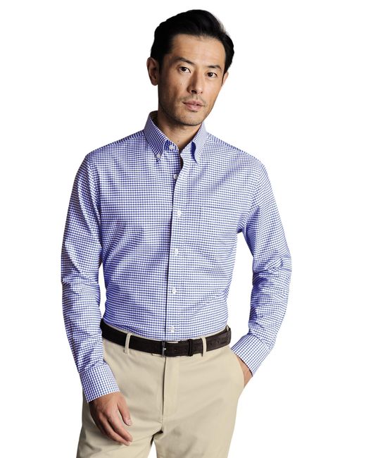 Charles Tyrwhitt Blue Slim Fit Button-down Collar Non-iron Stretch Check Oxford Shirt for men