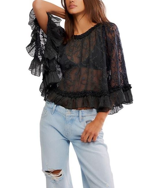 Free People Black Carly Embroidered Ruffle Cape Top