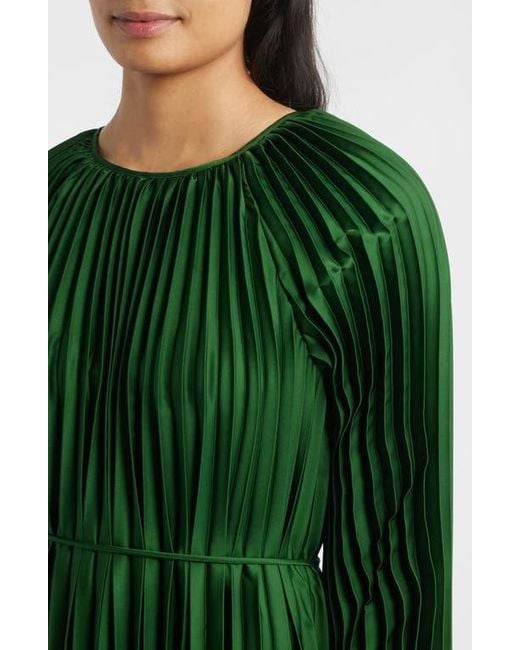 Julia Jordan Green Pleated Long Sleeve Satin Midi Dress