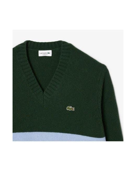 Lacoste Green Classic Stripe Wool V-Neck Sweater for men