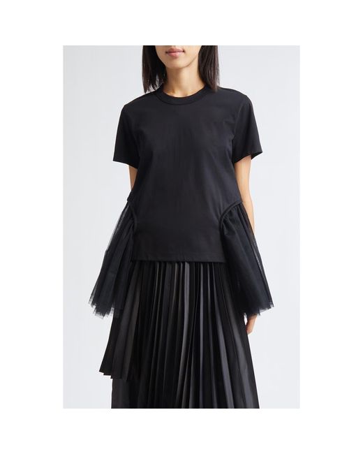 Noir Kei Ninomiya Women's Black Cotton Ponte & Tulle T-Shirt t-shirts
