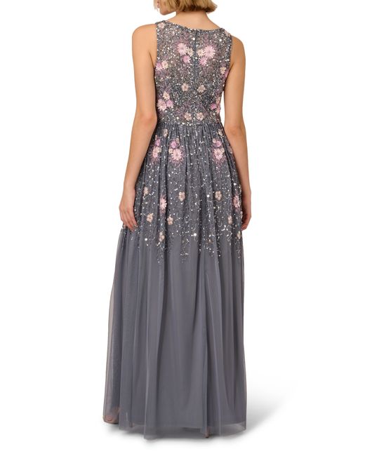 Adrianna Papell Purple Floral Beaded Sleeveless Mesh Gown