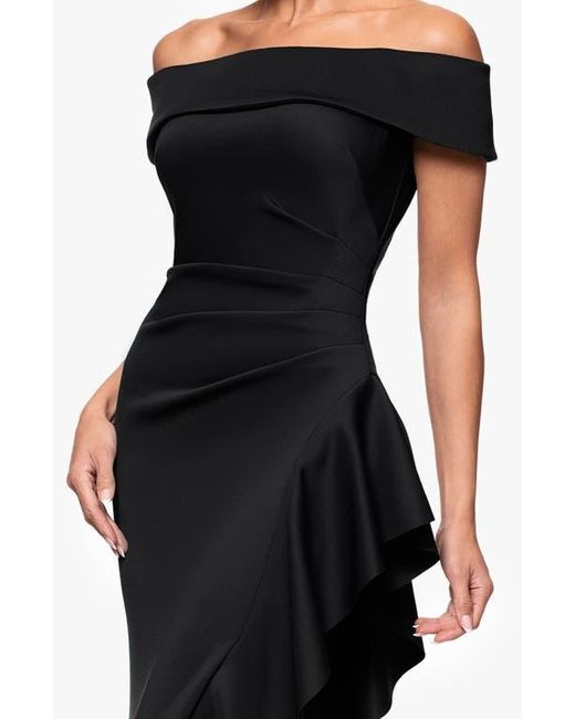 Xscape Evenings Black Ruffle Off The Shoulder Scuba Knit Gown