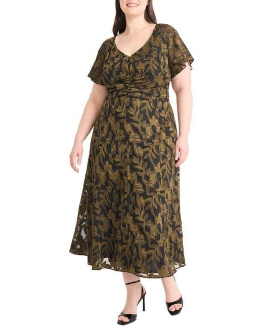 Maggy London Green Ruched Flutter Sleeve Midi Dress