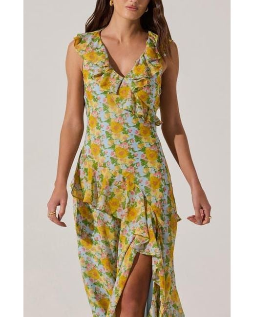 Astr Yellow Ruffle Sleeveless High-Low Midi Dress